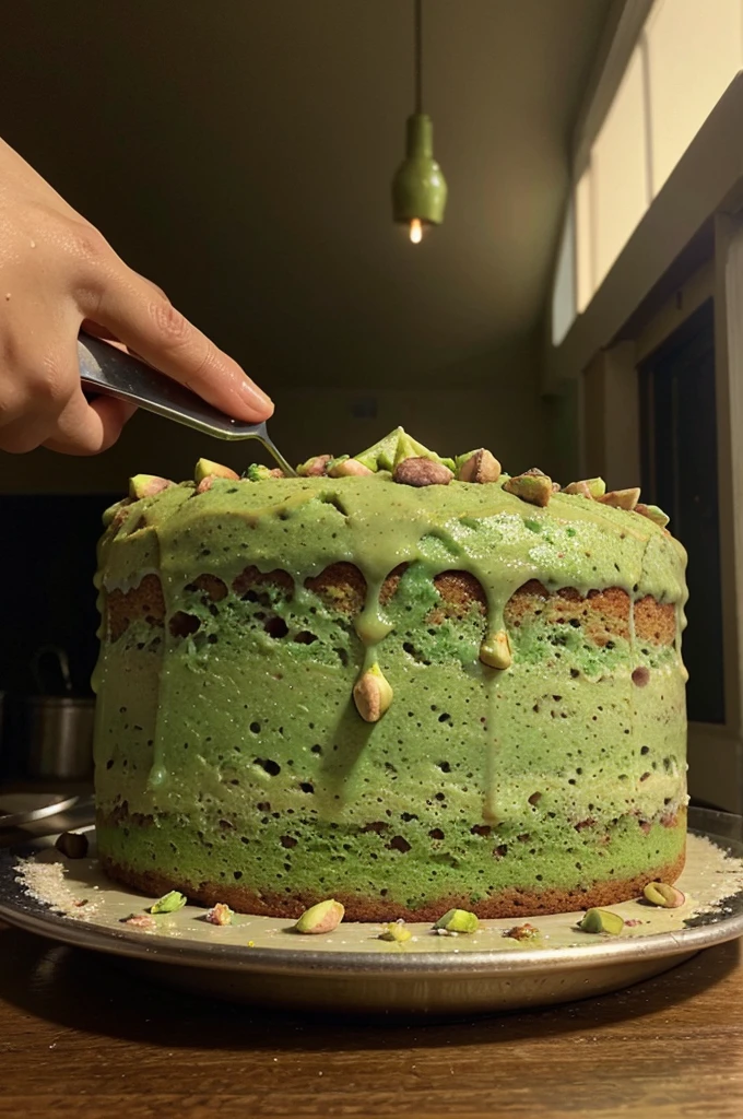 Amateur photo from Facebook. Taken with an iPhone 15 Pro. JUICY mouthwatering delicious , Pistachio Milk Cake.--style raw