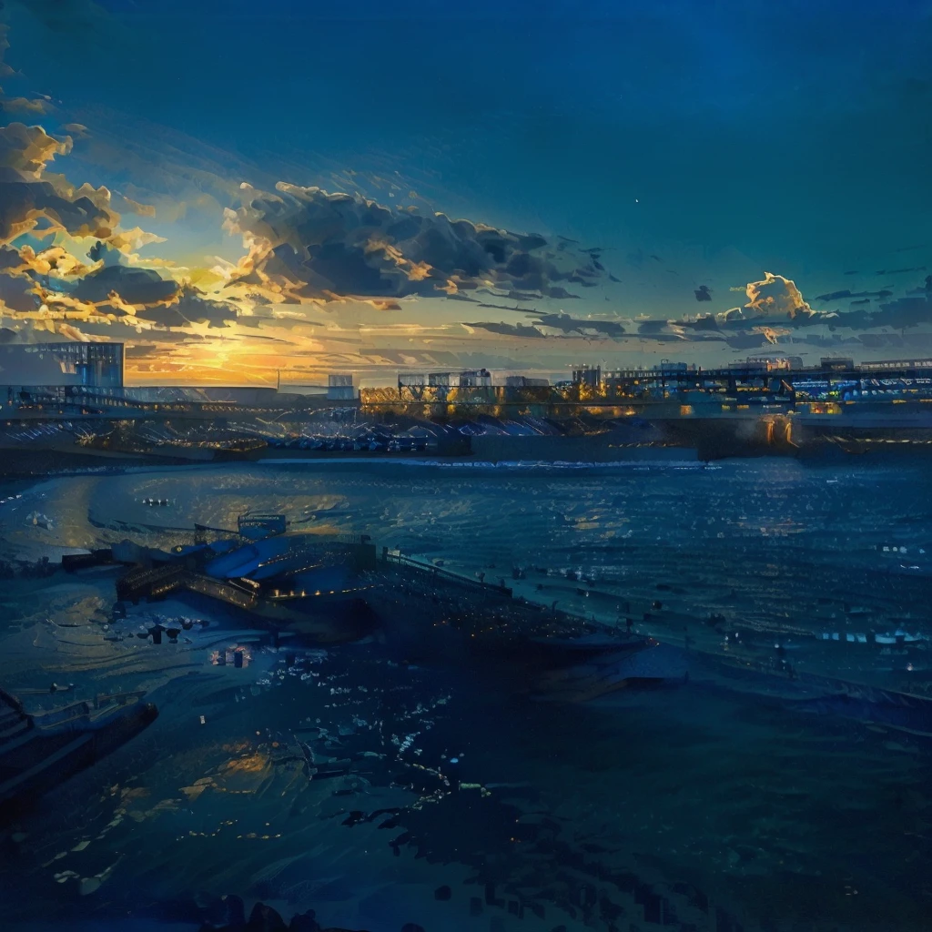 (Highest quality:1.2,Vector art:1.1,Vibrant colors,Ocean,Arabian style view of a bridge over a body of water with the city in the background, golden and Blue Hour, Sigma 2.Shot at f1.0mm. 4, Blue Hour,golden hour in tokyo, photography shot at Blue Hour, Blue Hour)