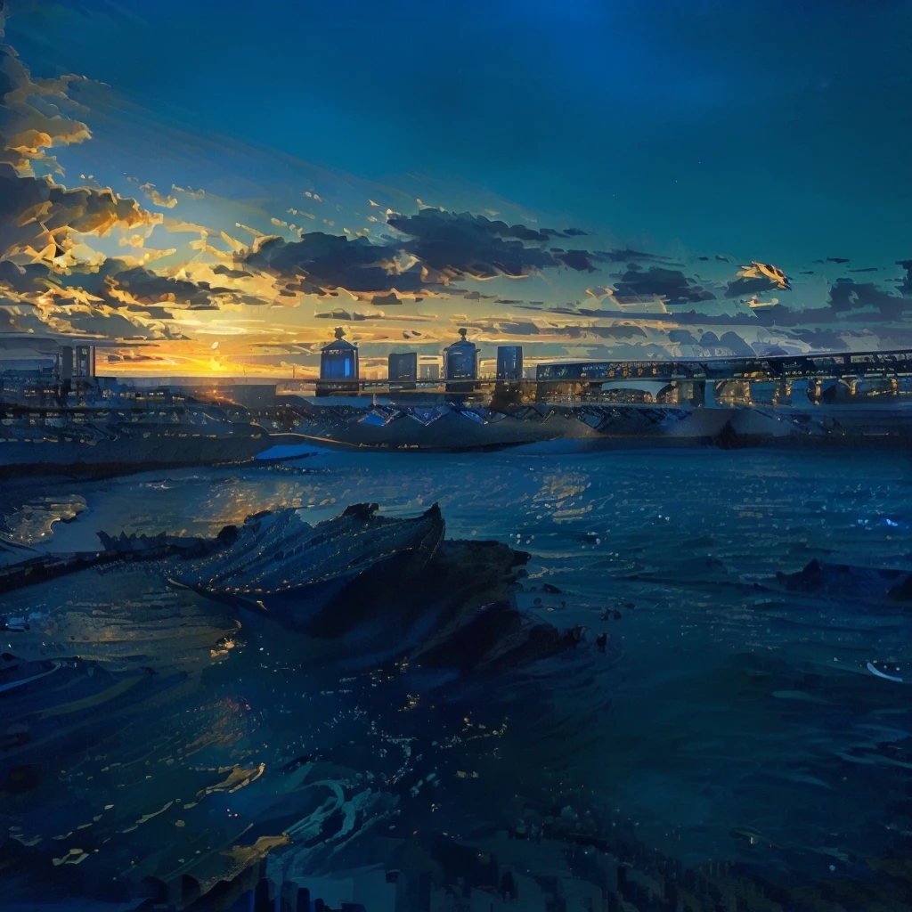(Highest quality:1.2,Vector art:1.1,Vibrant colors,Ocean,Arabian style view of a bridge over a body of water with the city in the background, golden and Blue Hour, Sigma 2.Shot at f1.0mm. 4, Blue Hour,golden hour in tokyo, photography shot at Blue Hour, Blue Hour)