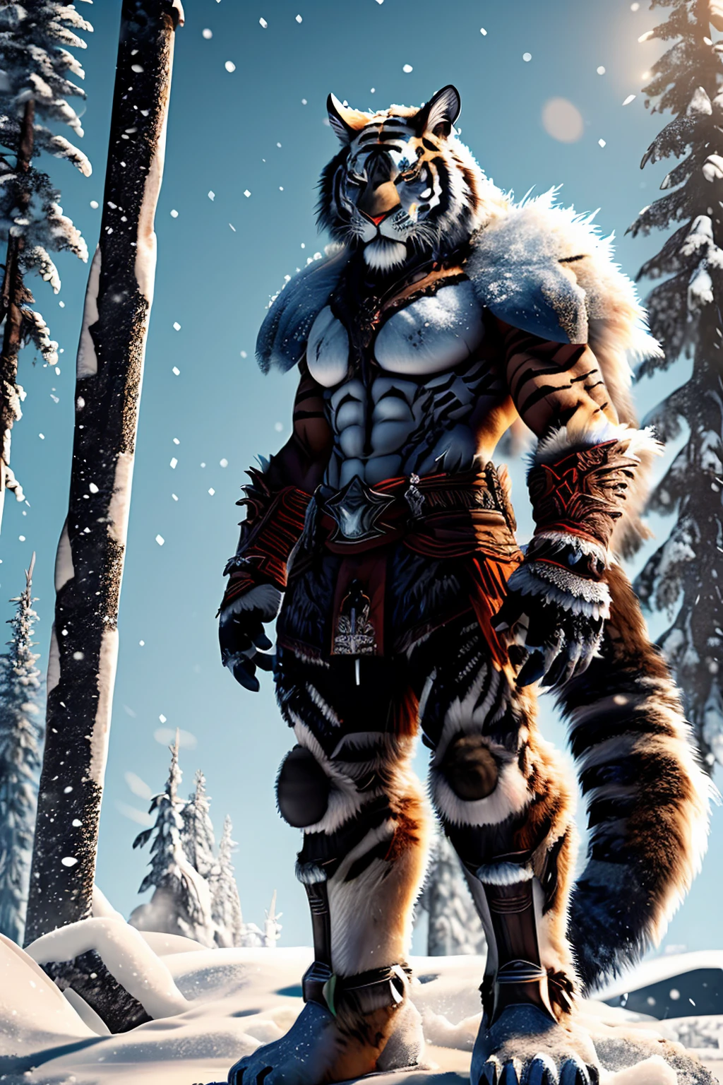 Mutant tiger standing on two legs, snow background, Brutal!, put on armor, Big claws, Thirsty for blood, Big one, Thick fur, no back panel, snow backgroundมืดมิด, conjunctivitis, Demonic Aura