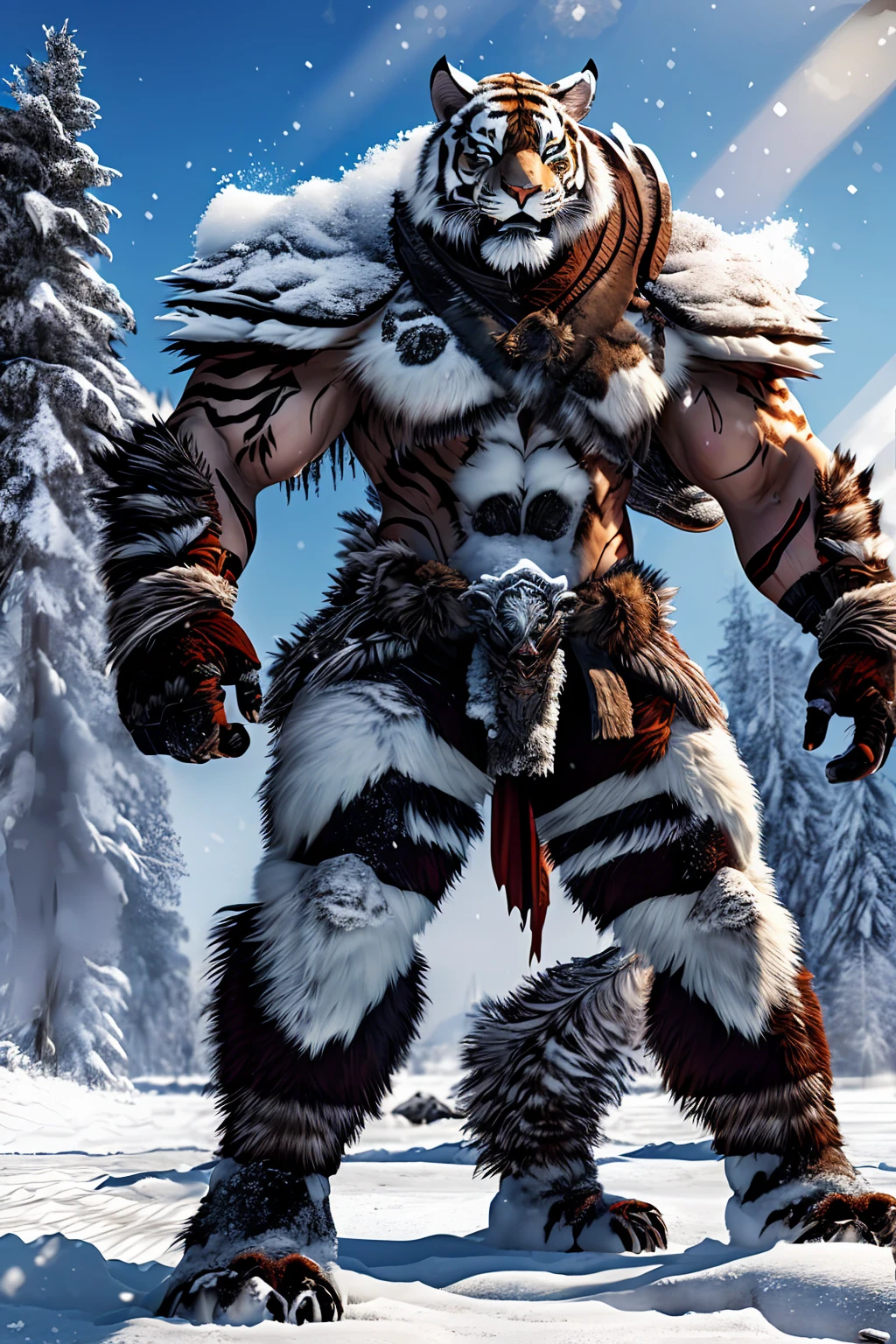 Mutant tiger standing on two legs, snow background, Brutal!, put on armor, Big claws, Thirsty for blood, Big one, Thick fur, no back panel, snow backgroundมืดมิด, conjunctivitis, Demonic Aura