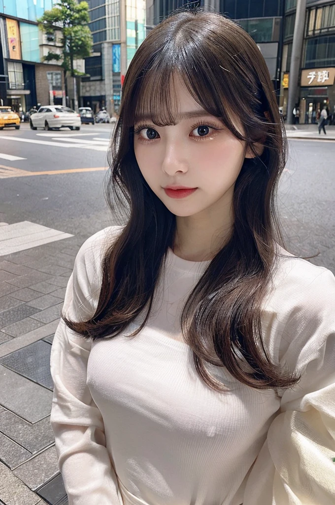 NSFW,(Tight shirt、Big Tits)、Beauty、double eyelids、Tear bags、Big, round eyes、Long eyelashes)、highest quality、Being in Shibuya