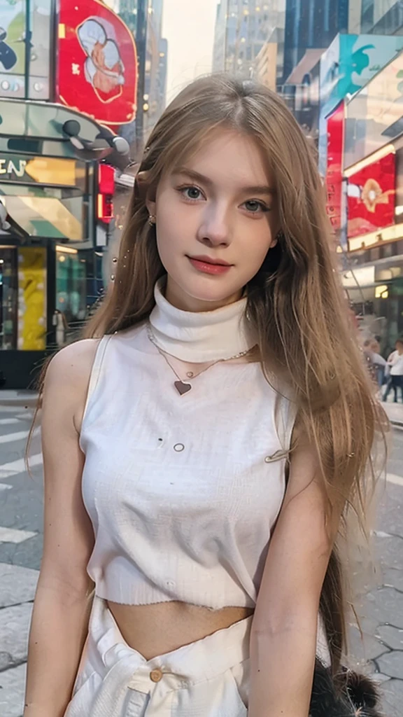 (masterpiece, best quality), Young 22 years old poland  woman, high cheekbones, innocent gaze, small amount of blemishes, heart faceshape, green hunter eye shape, long eyelashes, full lips, small nose, blond straight hairs, detailed sleeveless turtleneck top,  white pants, perfect body, necklace, wavy hair, perfect face, beautiful face, alluring, happy, (outdoor), city streets, new york, bright colors