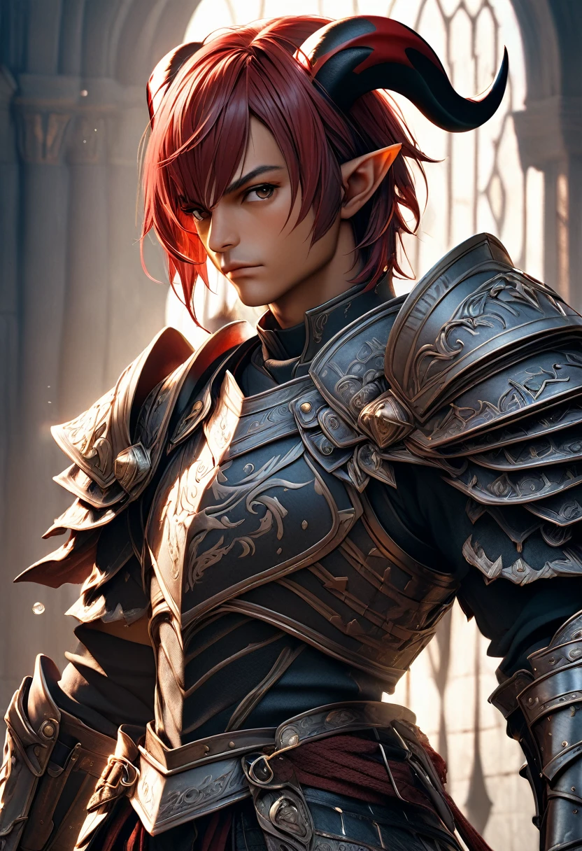 a powerful handsome knight, dark skin, red short hair, pointy ears, horns, wearing half-armor, dramatic shadows, digital art, highly detailed, intricate details, cinematic lighting, epic fantasy, (best quality,4k,8k,highres,masterpiece:1.2),ultra-detailed,(realistic,photorealistic,photo-realistic:1.37),concept art