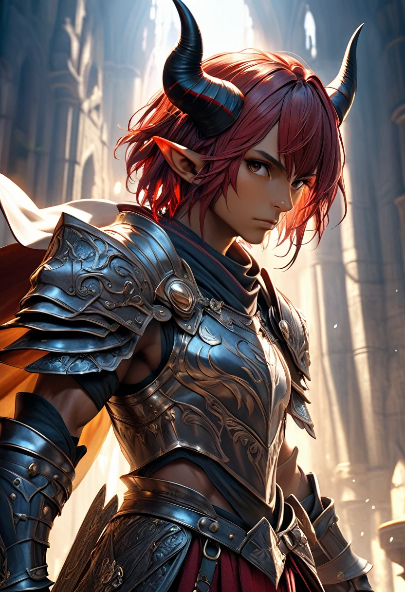 a powerful handsome knight, dark skin, red short hair, pointy ears, horns, wearing half-armor, dramatic shadows, digital art, highly detailed, intricate details, cinematic lighting, epic fantasy, (best quality,4k,8k,highres,masterpiece:1.2),ultra-detailed,(realistic,photorealistic,photo-realistic:1.37),concept art