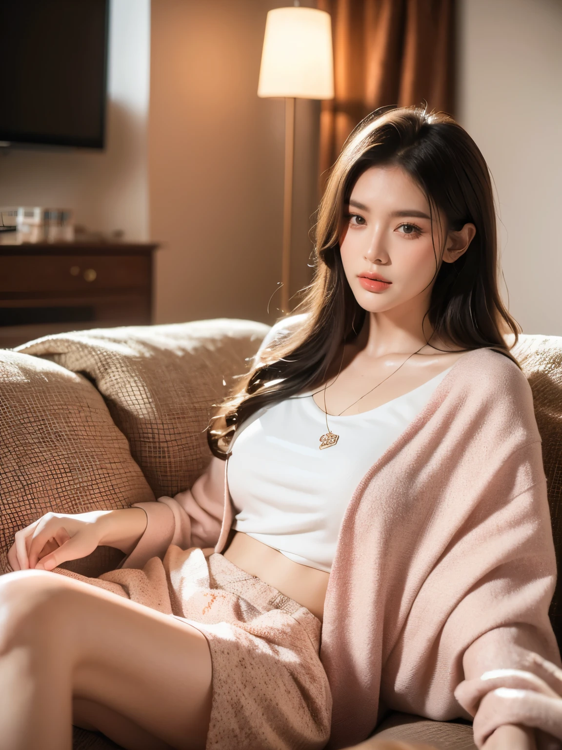 A young woman enjoying a relaxing day at home, wearing cozy pajamas or comfortable loungewear. She is sitting on a plush sofa in a modern, well-decorated living room. The room is softly lit with warm, ambient light. She is focused on watching a movie or series on a large TV screen in front of her. The background includes stylish decor elements like cushions, a coffee table with snacks, and a soft throw blanket. The overall atmosphere is calm, cozy, and inviting, perfect for a lazy day at home.