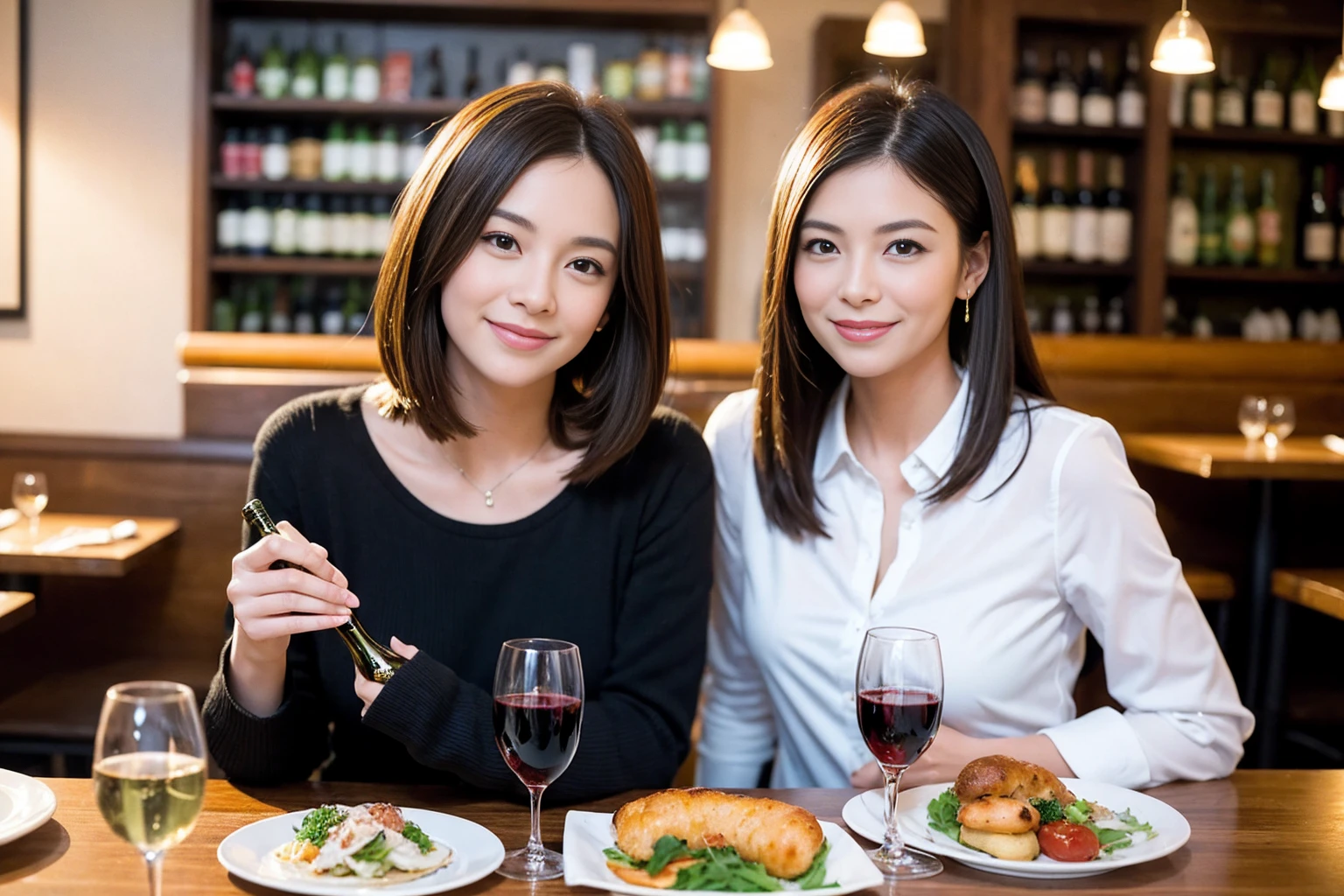 ((Highest quality、、masterpiece:1.3))、1 male、1 female、spouse、Beautiful couple、smile、full-course dinner、 (Slim face), (the body is スリム), (Brown Hair), (Shortcuts), ((Bob Hale、Straight hair:1.2)), テーブルの上のwine glass、Shine light on your face、 Amazing view of the sunset sky and clouds、smileの美しさ、Bright image、Blushing, Shortcuts, (43 years old), 39 years old, Appetizers、Italian food、Wine bottle、Champagne、sparkling wine、Long sleeve shirt、dress、Attractive beauty、restaurant, Nova Frog Style, actress, model, Upper Body, White wine, red wine, wine glass,