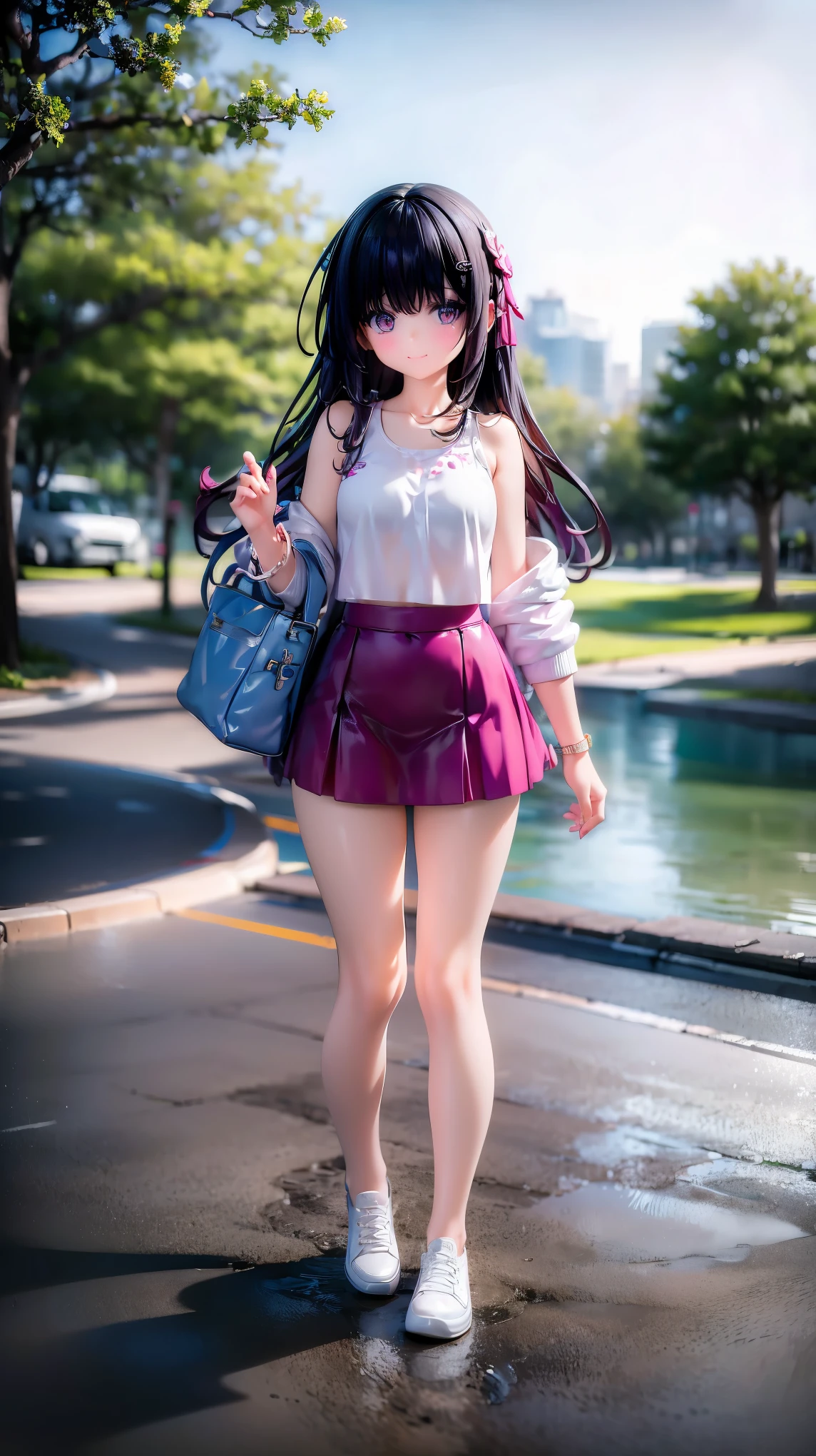 very cute 10 year old girl(2 people)is having a pleasant walk in the park、Tank top、mini skirt、Long Hair、Slim body、Beautiful legs、Beautiful body、high resolution、8K、(smile)