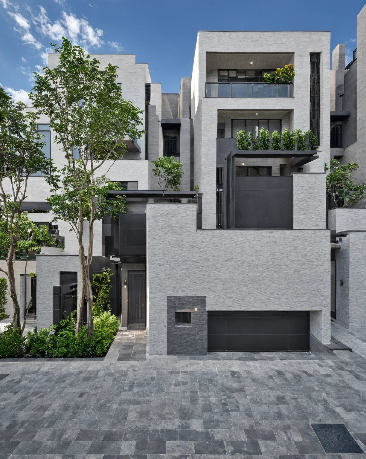 Architectural style, (masterpiece) , (best quality), ((RowHouse)), dramatic lighting, high quality outdoors, sky, day, cloud, tree, blue sky, building, scenery, road, real world location,  sunlight, enough detail, high resolution,super realistic, Photorealistic, highly detailed, balcony, plants, door, gate, paving, . Clean lines, geometric shapes, minimalist, modern, architectural drawing, highly detailed