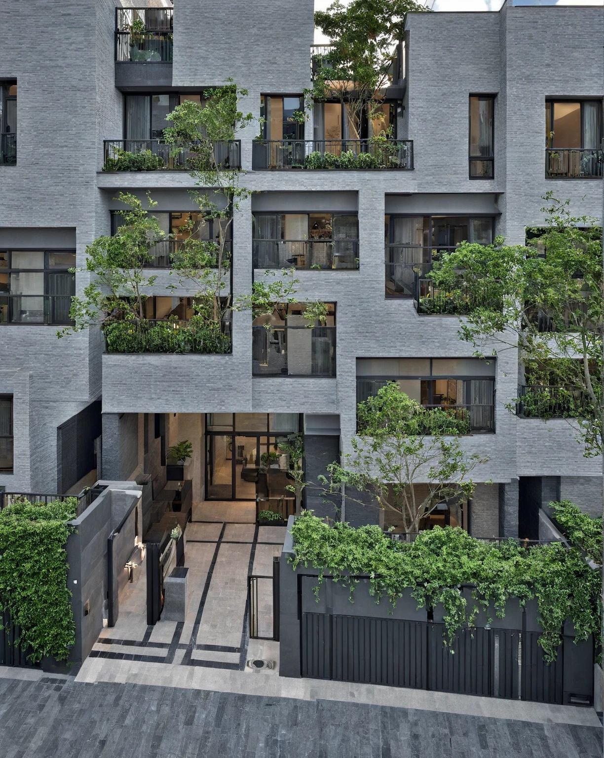 Architectural style, (masterpiece) , (best quality), ((RowHouse)), dramatic lighting, high quality outdoors, sky, day, cloud, tree, blue sky, building, scenery, road, real world location,  sunlight, enough detail, high resolution,super realistic, Photorealistic, highly detailed, balcony, plants, door, gate, paving, . Clean lines, geometric shapes, minimalist, modern, architectural drawing, highly detailed