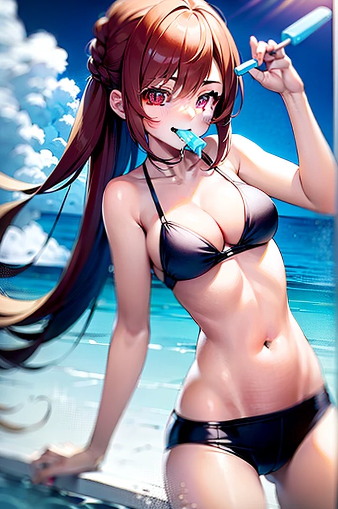 hot girl, cute girl, sexy bikini, eat ice popsicle, ,Looks at the viewer, very cute face, is total happy, super detailed backbround, water splash, long red hair,