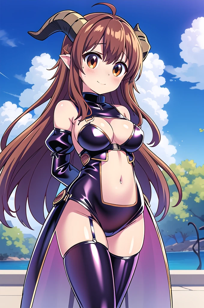 1girl,solo,cowboy shot,standing,(brown hair:1.4),long hair,ahoge,hairs between eyes,curly hair,(brown eyes:1.4),(beautiful fingers:1.4),(perfect anatomy:1.4),(arms_behind_back:1.6),(cold_shoulder:1.2),(latex luster shiny glossy metallic:1.6),(shiny_clothes:1.6),masterpiece,best quality,(Ultra high definition eyes:1.2),8k,(Beautiful detailed eyes:1.2),(Fine and beautiful eyes:1.2),(pretty eyes:1.2),finely detail,extremely CG, absurdres,high resolution,illustration,Detailed and beautiful outlines,finely detail,high resolution,(colorful refraction:1.4,Increase saturation:1.2),beautiful lighting,dynamic lighting,closed room,black background,simple background, smile,looking at viewer,shamiko,(horns:1.6),(white Clear PVC sheets sleeves:1.4),(sheer sleeves:1.4),(see-through sleeves:1.4),(wide sleeves:1.2),(purple thigh boots:1.2)