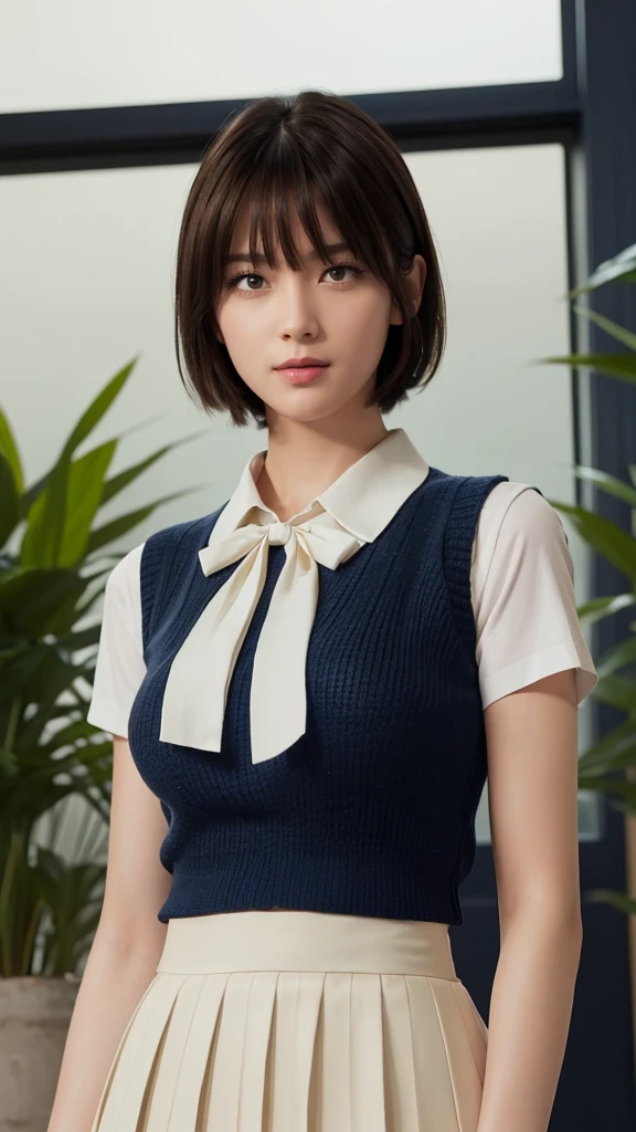 (8raw photo, 1girl, medium breast, collared blouse, light smile, detailed skin, simple background, Above the knee, sit on a chair, photorealistic, masterpiece, best quality, anatomically correct
