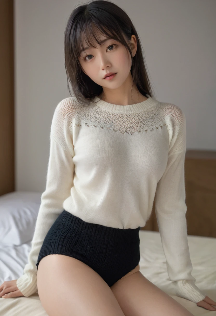 nsfw、Nikon RAW Photos、8 K、Fujifilm XT3、masterpiece、Highest quality、Super detailed、Bangs、Vaginal 、whole body、Completely naked、Climax、Only the chest area is exposed,Knitted sweater、Black underwear