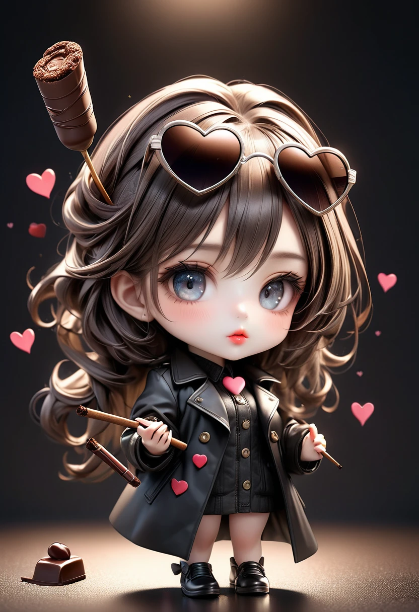 1girl(chibi:1.2), beautiful detailed eyes, beautiful detailed lips, extremely detailed face, long eyelashes, cute young girl, black trench coat, holding a chocolate cigar, heart-shaped sunglasses on head, cinematic lighting, highly detailed, masterpiece, 8k, photorealistic, dark fantasy, cinematic full-body view