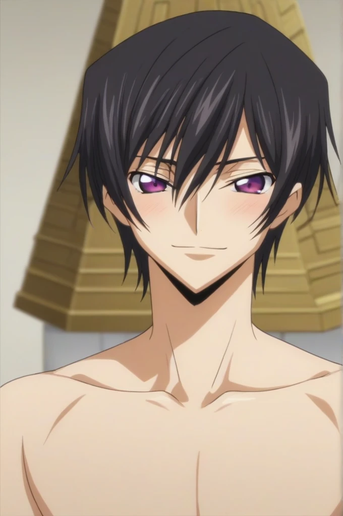 score_9, score_8_up, score_7_up, source_anime, rating_safe, intricate details, anime screencap, , , looking at viewer, depth of field, 1boy, solo, male focus, lelouch_lamperouge, black hair, purple eyes, hair between eyes, bangs, , , upper body, pyramid, light, twisted torso, smile, blush, cute, naked, bed room, night,