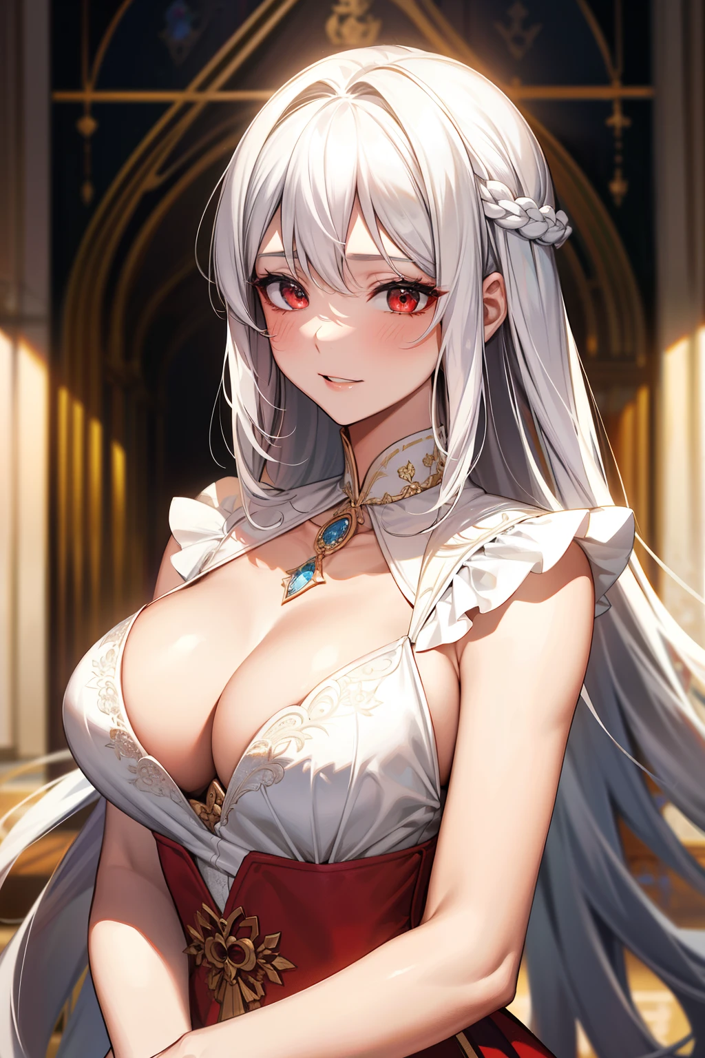 (best quality:1.1), (Masterpiece:1.2), lady, Shiny white hair, red eyes, long hair, ใบหน้าbeautiful, luxary dress, Big breasts, beautiful, collarbone, open chest, Bright face, Royal high, hall background, ริมฝีปากอมชมพู, เครื่องประดับหรูหรา ((Highest quality, Best Performance, Maximum details, Light and shadow details:1.2, 4k details))