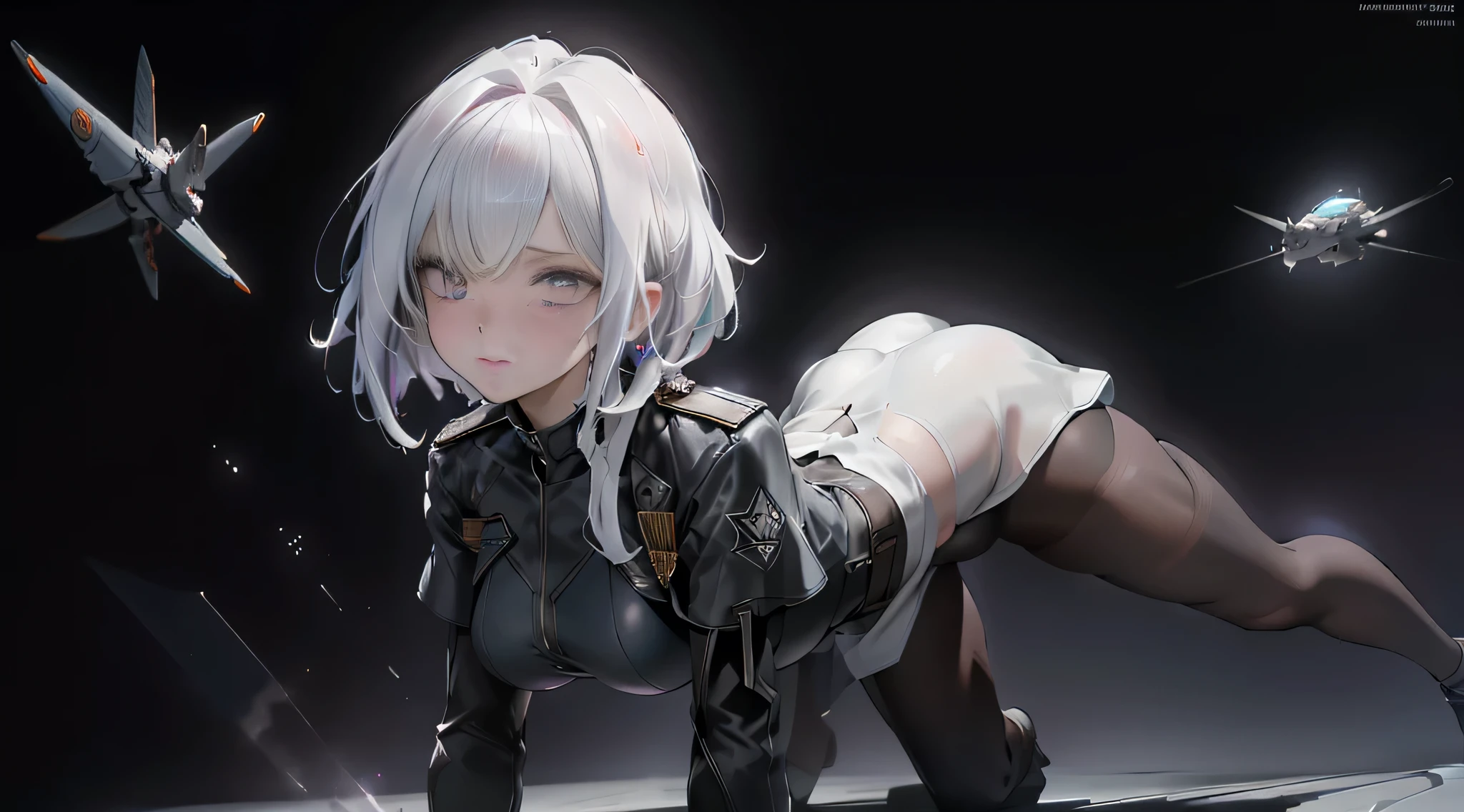 1 Girl, Mature, Solo , Alone, A Single Human, Big Chest, Violet Eyes, , Hair accessories, White Bob Hair, Short Hair, Silver Hair, Bang, hair between eyes, military uniform, black dress, cape, white gloves, pantyhose, high heel boots, Explosion, Running, Sky, on the Aircraft Carrier Ship, Tank , Mech , Sci-fi Battlefield, ((Best quality)), ((masterpiece)), 3D, HDR (High Dynamic Range),Ray Tracing, NVIDIA RTX, Super-Resolution, Unreal 5,Subsurface scattering, PBR Texturing, Post-processing, Anisotropic Filtering, Depth-of-field, Maximum clarity and sharpness, Multi-layered textures, Albedo and Specular maps, Surface shading, Accurate simulation of light-material interaction, Perfect proportions, Octane Render, Two-tone lighting, Wide aperture, Low ISO, White balance, Rule of thirds,8K RAW, Aura, masterpiece, best quality, Mysterious expression, magical effects like sparkles or energy, flowing robes or enchanting attire, mechanic creatures or mystical background, rim lighting, side lighting, cinematic light, ultra high res, 8k uhd, film grain, best shadow, delicate, RAW, light particles, detailed skin texture, detailed cloth texture, beautiful face, (masterpiece), best quality, expressive eyes, perfect face,nikkeredhood,hair over one eye,marian,griseo,momo_burlesque