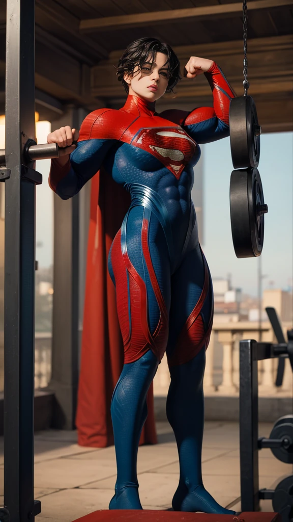 solo, 1girl, 5uper, supergirl, black hair, pixie haircut, blue eyes,muscular thick strong body,big bulging biceps, blue bodysuit,posing,flexing, long sleeves,in gym,lifting weights,high detail,realistic
