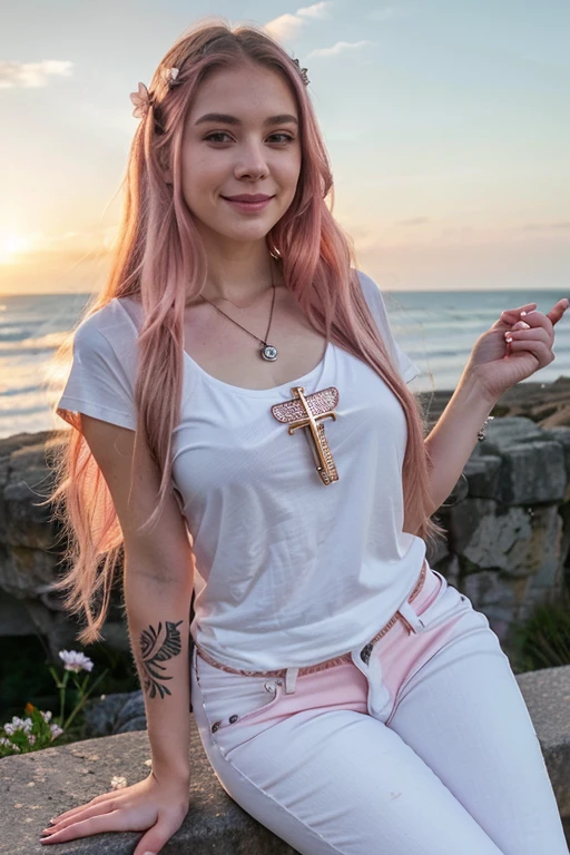 8k, Delicate facial features, ultra-clear, pink white long hair, smile, flower in hand, coast, jeans and knee-length T-shirt, thick makeup, smoky makeup, photo sideways to the viewer, tattoo, cross necklace, sunset,