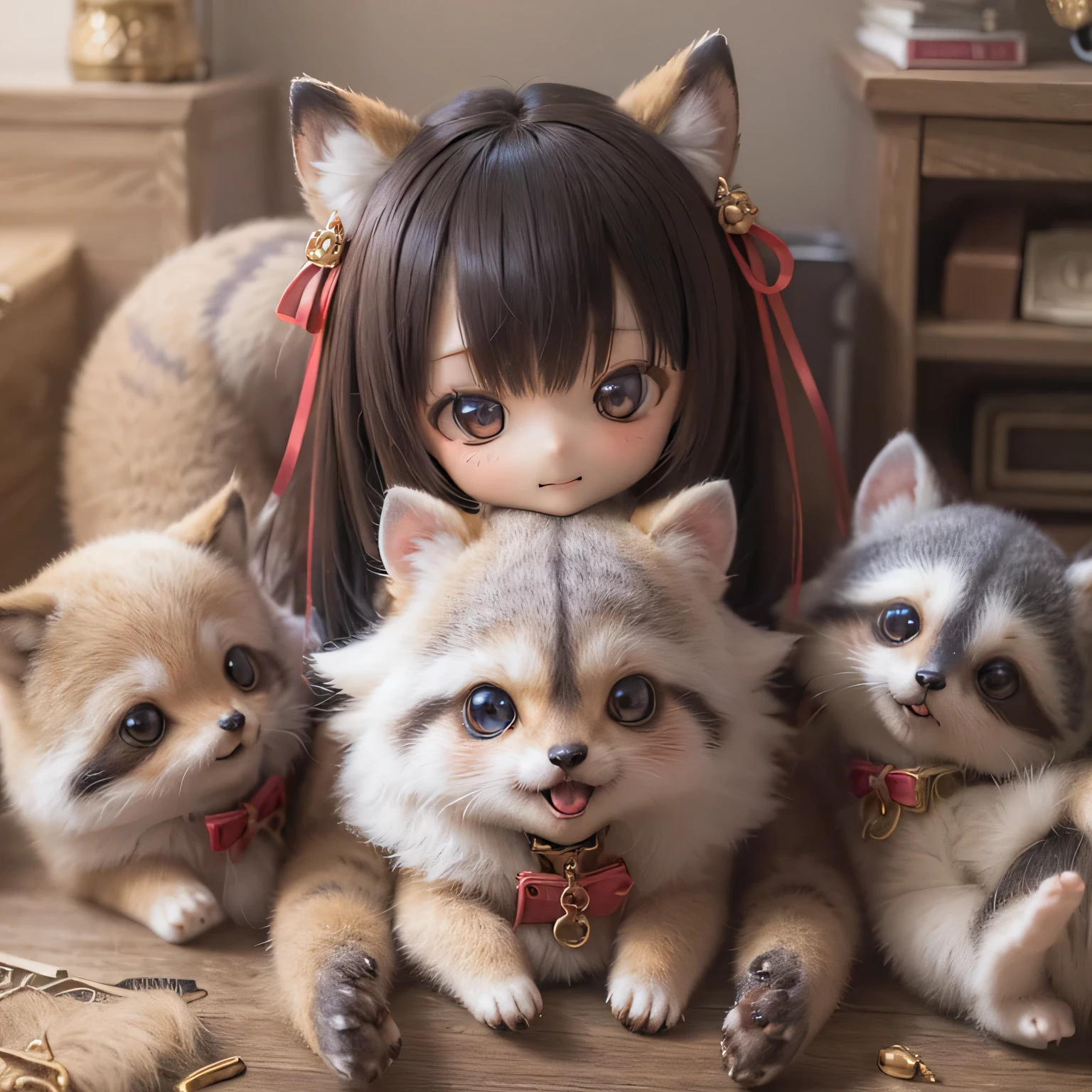 
Raccoon girl chibi cute girls play together