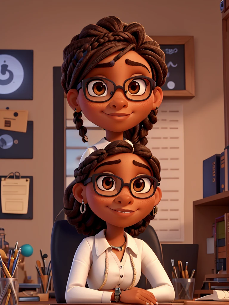 portrait of a brown woman 3D pixar style, percing no septo, eyebrow piercing, looking at camera, sitting at an office desk, fulani braids, piercing no septo, eyebrow piercing, looking at camera, slight smile on your face, With glasses, large breasts.