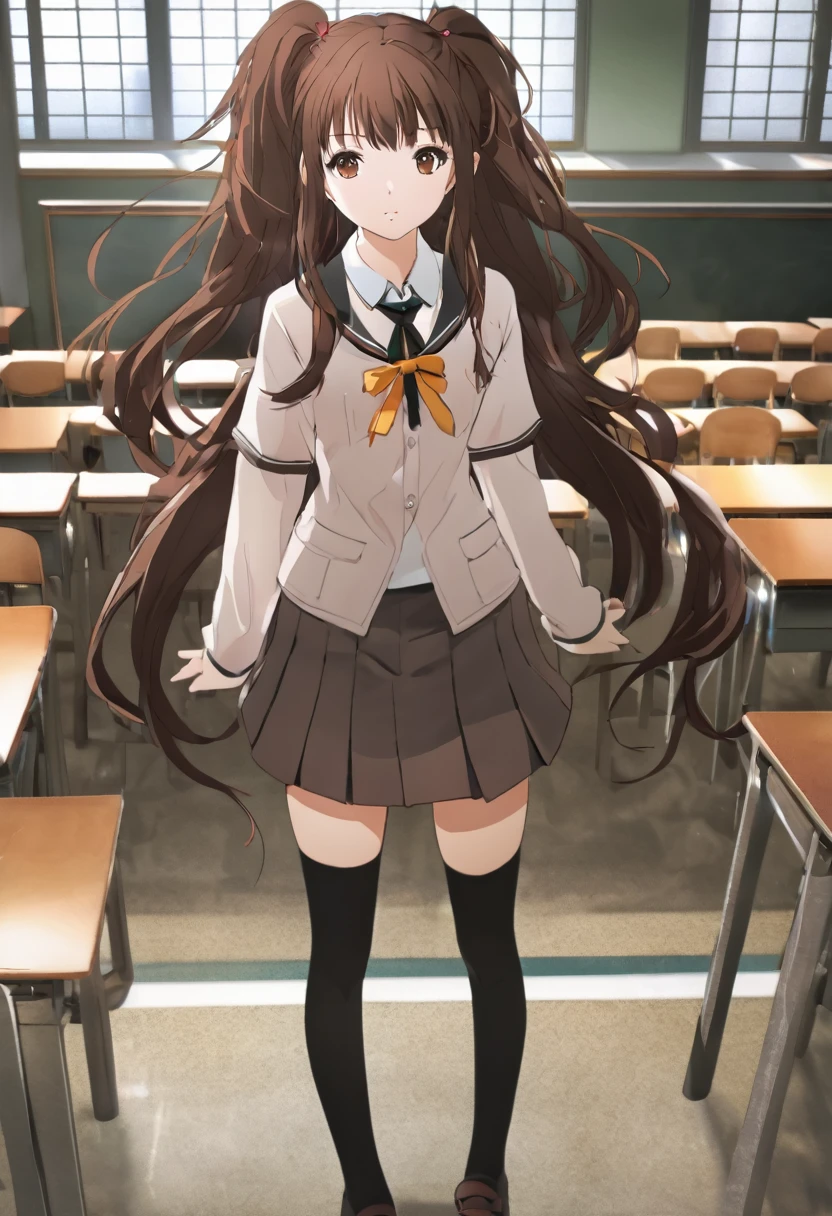 ,(upperbody:1),dsrise, brown hair, long hair, twintails, brown eyes, yasogami , serafuku, black thighhighs, 1girl, solo ,standing, school,ground, (cinematic), anime screencap:0.8, official art, masterpiece, best quality,HDR,intricate detailed,aesthetic,very aesthetic,,