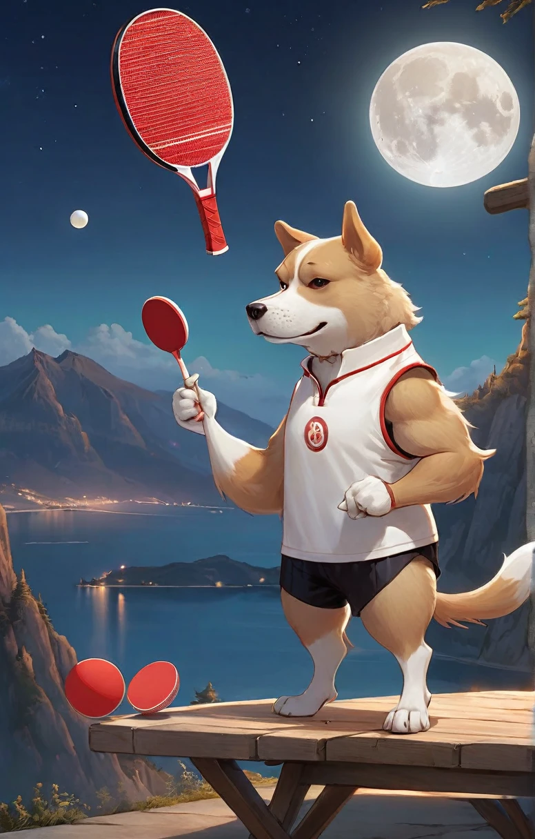 Full body of an anthropomorphic dog holding a table tennis racket, Mountain and sea background under the moonlight