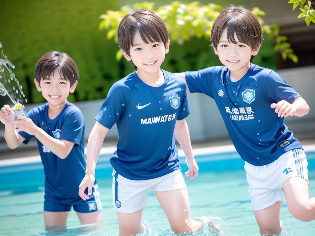夏休みのprimary school校、Pool、primary school５Grade、Japan Boy、Glowing water splashes、A good boy dripping with water、hot day、Two Boys、Various poses、Short sleeve gym uniform、Blue shorts、physical education、barefoot，（Boy 1.4）、Boys only 、(１０Age 1.４)