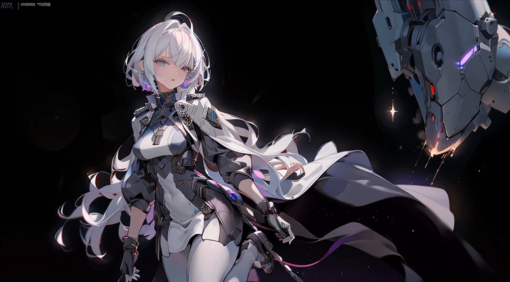 1 Girl, Mature, Solo , Alone, A Single Human, Big Chest, Violet Eyes, , Hair accessories, White Bob Hair, Short Hair, Silver Hair, Bang, hair between eyes, military uniform, black dress, cape, white gloves, pantyhose, high heel boots, Explosion, Running, Sky, on the Aircraft Carrier Ship, Tank , Mech , Sci-fi Battlefield, ((Best quality)), ((masterpiece)), 3D, HDR (High Dynamic Range),Ray Tracing, NVIDIA RTX, Super-Resolution, Unreal 5,Subsurface scattering, PBR Texturing, Post-processing, Anisotropic Filtering, Depth-of-field, Maximum clarity and sharpness, Multi-layered textures, Albedo and Specular maps, Surface shading, Accurate simulation of light-material interaction, Perfect proportions, Octane Render, Two-tone lighting, Wide aperture, Low ISO, White balance, Rule of thirds,8K RAW, Aura, masterpiece, best quality, Mysterious expression, magical effects like sparkles or energy, flowing robes or enchanting attire, mechanic creatures or mystical background, rim lighting, side lighting, cinematic light, ultra high res, 8k uhd, film grain, best shadow, delicate, RAW, light particles, detailed skin texture, detailed cloth texture, beautiful face, (masterpiece), best quality, expressive eyes, perfect face,nikkeredhood,hair over one eye,marian,griseo,momo_burlesque