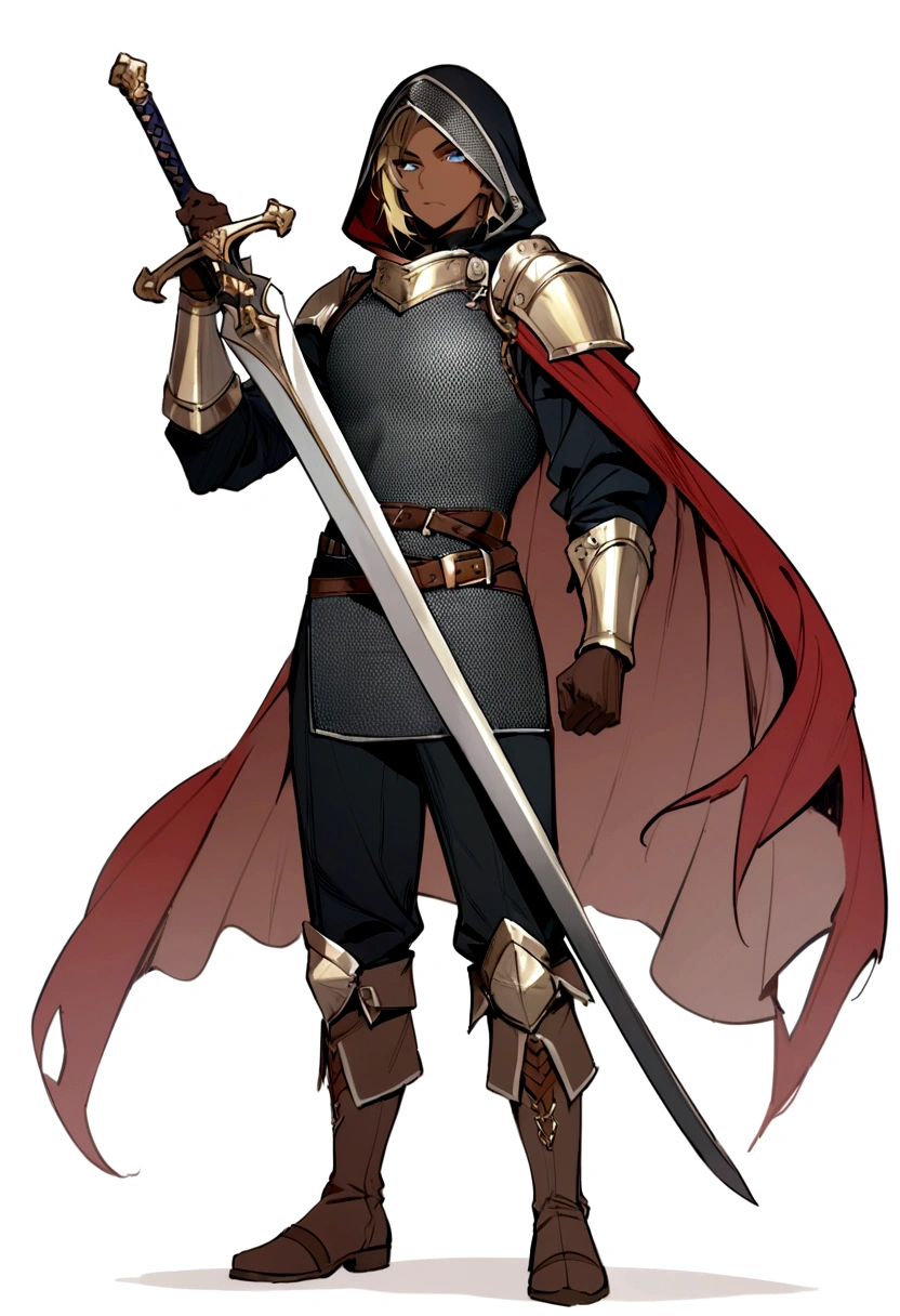 (best quality, masterpiece, (highres), original, extremely detailedshmh,1man, solo, weapon, sword, holding weapon, holding, holding sword, chainmail armor, gloves, hood, white background, brown gloves, blue mieyes, full body, boots, standing, simple background, looking at viewer, , hood up, blonde hair, cape, sheath, dark-skinned male,