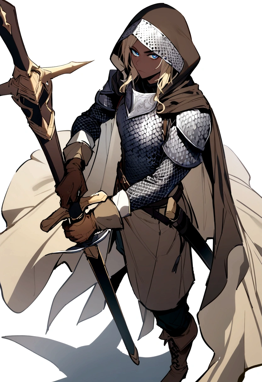 (best quality, masterpiece, (highres), original, extremely detailedshmh,1man, solo, weapon, sword, holding weapon, holding, holding sword, chainmail armor, gloves, hood, white background, brown gloves, blue mieyes, full body, boots, standing, simple background, looking at viewer, , hood up, blonde hair, cape, sheath, dark-skinned male,