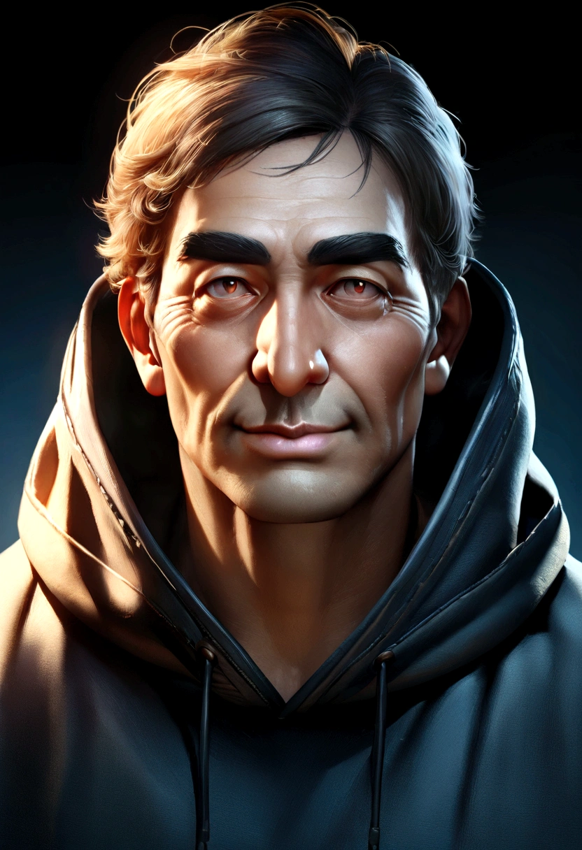 Change background cyberpunk handsome  boy realistic face. 8K ultra realistic, Create a MID BODY SHOT of cartoonish caricature 3D animation of a big-headed facing straight to the camera. a 25 years old Pakistani man. he has short black pixie cut hair. His face is oval with smooth lines, thick and neat black eyebrows, normal eyes, a small, sharp nose, and thin lips with a wide, friendly smile. He wore a dark hoodie with blue jeans. Gradient blue background. masterpiece, top quality, highly detailed skin and face, ultra-realistic, high definition, sharp focus, Concept Art. Mid body wide angle 