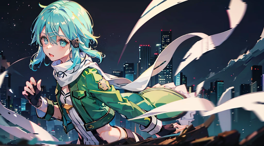 1 girl in、under the rain、face perfect、in 、silber hair、The night sky is beautiful、sinon1, scarf, fingerless gloves, long sleeves, short shorts, hair ornament, hairclip, green thighhighs, green jacket, thigh strap
