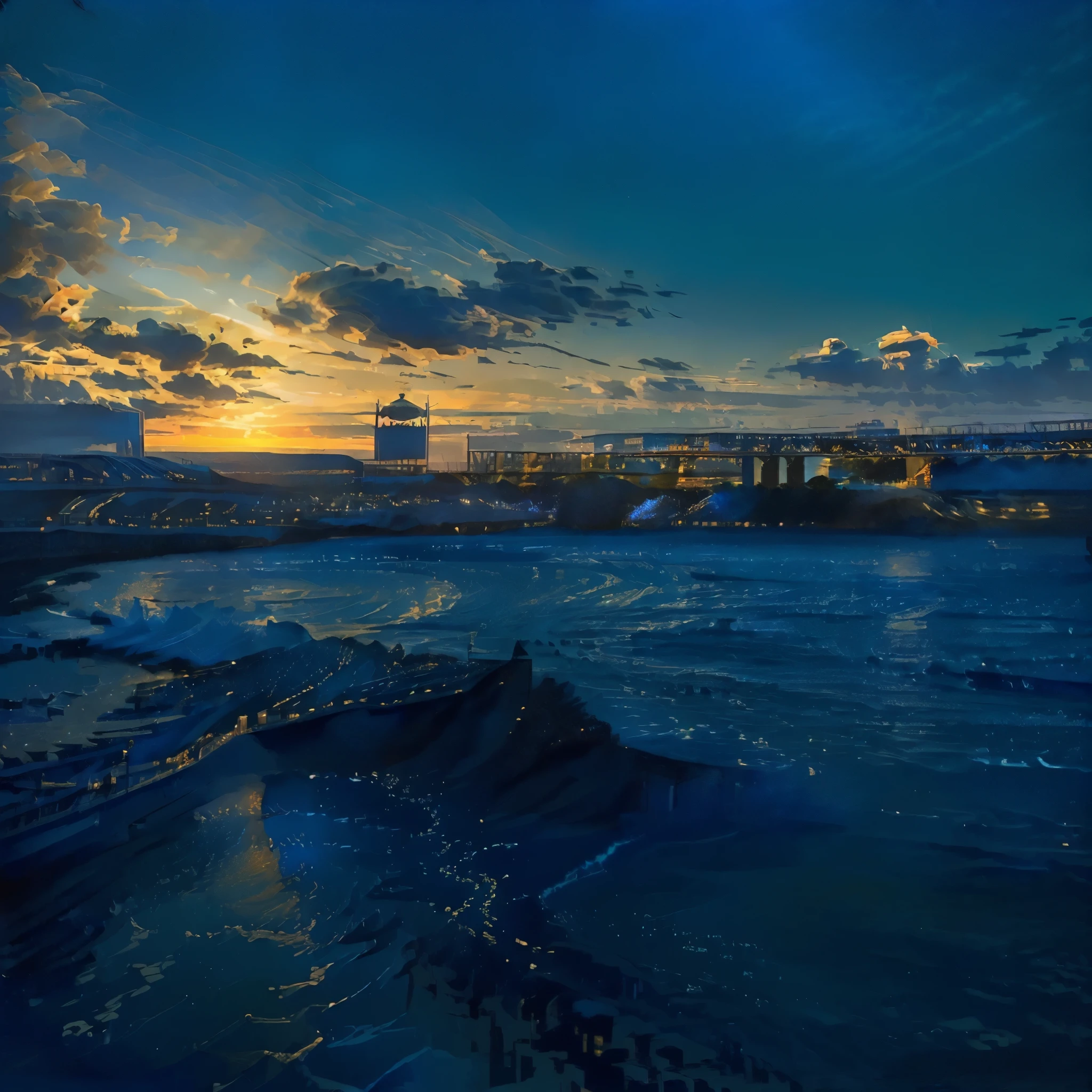 (Highest quality:1.2,Vector art:1.1,Vibrant colors,Ocean,Arabian style view of a bridge over a body of water with the city in the background, golden and Blue Hour, Sigma 2.Shot at f1.0mm. 4, Blue Hour,golden hour in tokyo, photography shot at Blue Hour, Blue Hour)