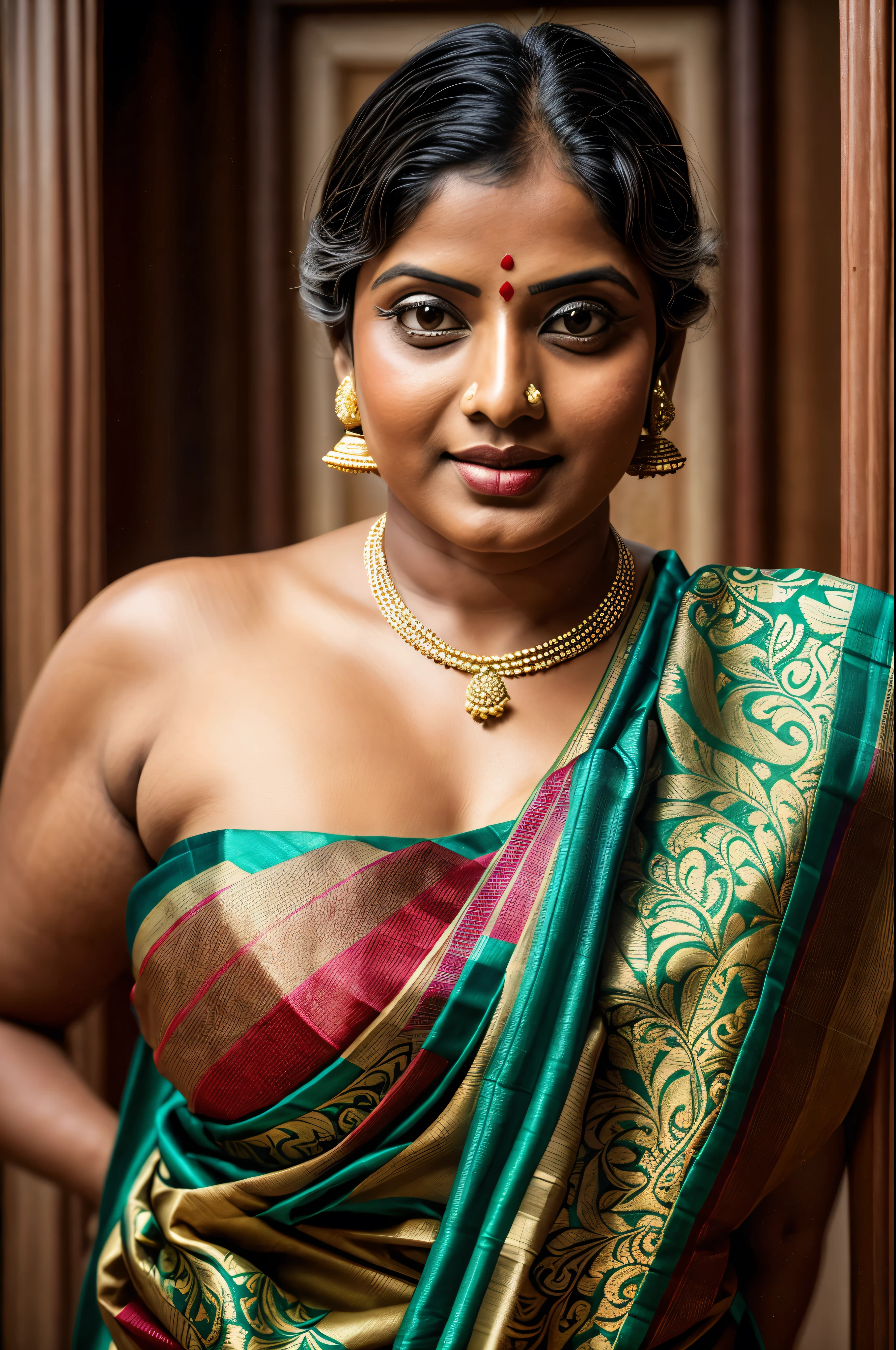 An Extremely gorgeous and beautiful Bengali village woman, 45 yo, pale white skin, sensual appealing body, perfect thick and chubby Beauty, wearing saree bare-chested, curvy, sexy navel folds, fleshy figure, Bengali village style saree, wearing a Bengali-style saree without a blouse,, ethnic vintage bengali village woman, bengali style saree, The sari was worn without a blouse and petticoat before the British Raj, baring one's chest or being blouseless, simple village ornaments, Bengalis a.k.a. Bongs are known for their unique Bengali fashion sense (the way they don that sari makes you go wow), Pre British Raj, Pre colonial era, Bengali Woman draping sari without blouse is a normal thing in pre British Era, bong woman, fine Art photography, artistic photography, sensually appealing, award winning photography, ethnic traditional beauty, 