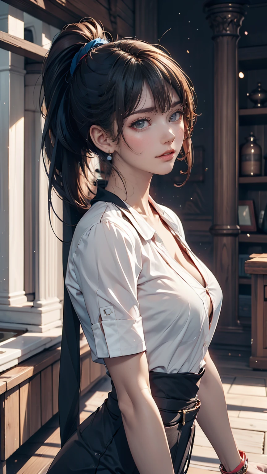 ((masterpiece, Highest quality)), Woman in a shirt , Side view, ponytail、Sexy proportions、Sexy、Narrow waist、Wear accessories on your wrist、