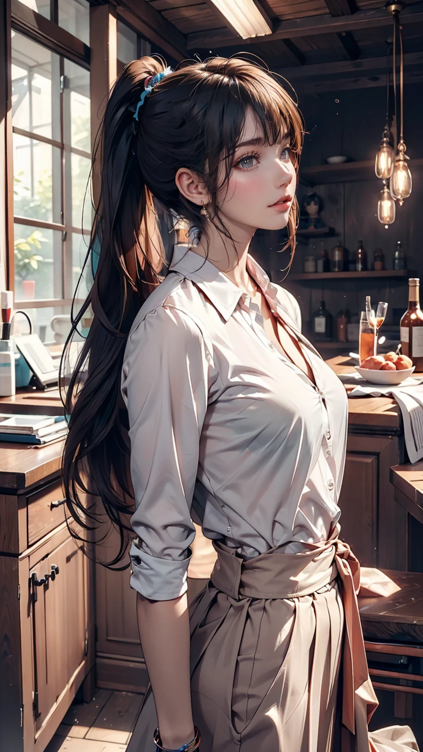 ((masterpiece, Highest quality)), Woman in a shirt , Side view, ponytail、Sexy proportions、Sexy、Narrow waist、Wear accessories on your wrist、