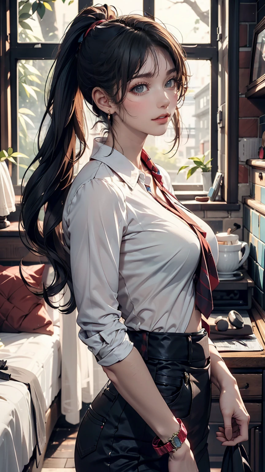 ((masterpiece, Highest quality)), Woman in a shirt , Side view, ponytail、Sexy proportions、Sexy、Narrow waist、Wear accessories on your wrist、