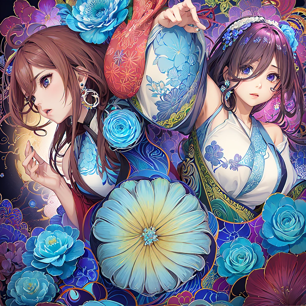 (​masterpiece、top-quality、top-quality、Official art、Beautifully Aesthetic:1.2)、A highly detailed、(Fractal Art:1.1)、(colourfull:1.1)(florals:1.6)、The most detailed、(zentangle:1.2)、(Dynamic Poses)、(Abstract background:1.3)、(shinny skin)、(Many colors:0.8)、、(earrings:1.4)、(feather pen:0.9)、Taisho romance