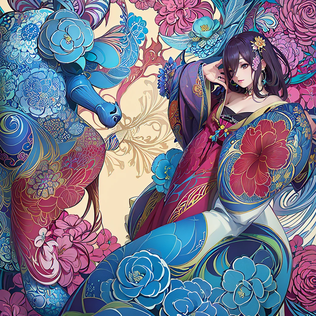 (masterpiece、top-quality、top-quality、Official art、Beautifully Aesthetic:1.2)、A highly detailed、(Fractal Art:1.1)、(colourfull:1.1)(florals:1.6)、The most detailed、(zentangle:1.2)、(Dynamic Poses)、(Abstract background:1.3)、(shinny skin)、(Many colors:0.8)、、(earrings:1.4)、(feather pen:0.9)、Taisho romance
