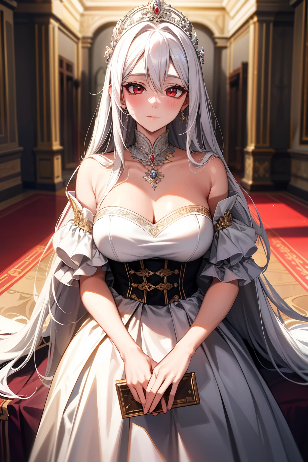 (best quality:1.1), (Masterpiece:1.2), lady, Shiny white hair, red eyes, long hair, ใบหน้าbeautiful, luxary dress, Big breasts, beautiful, collarbone, open chest, Bright face, Royal high, hall background, ริมฝีปากอมชมพู, เครื่องประดับหรูหรา ((Highest quality, Best Performance, Maximum details, Light and shadow details:1.2, 4k details))