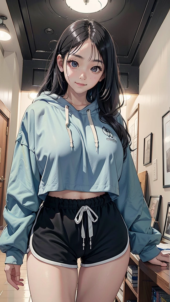 (Japanese girl),alone, masterpiece,huge breast, looking at viewer, detail eyes, (detail face:1.2), standing,  (front view), (Cropped Hoodie), looking at viewer, smile, perfect breast, indoors, dolphine shorts