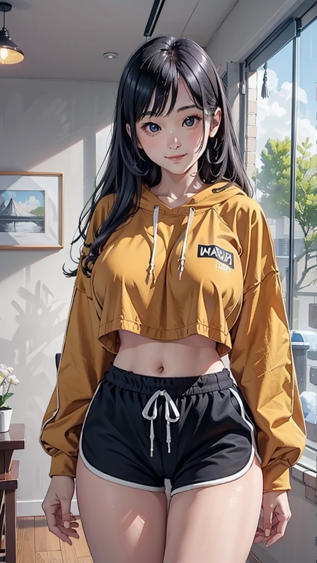 (Japanese girl),alone, masterpiece,huge breast, looking at viewer, detail eyes, (detail face:1.2), standing,  (front view), (Cropped Hoodie), looking at viewer, smile, perfect breast, indoors, dolphine shorts