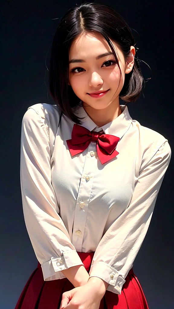 (1 woman:1.99)、(Wide forehead、Very short hair、Very small amount of hair、Forehead、Fuji frame:1.1)、Very sunburned、Gal、17 years old、Naughty、Happy expression、満面のsmile、Weakness、I feel very comfortable alone、(Japanese high school girls uniform、red bow tie),((Very sleepy、Improves skin texture,smile、Narrow eyes、Very weak eyesight、Very weak eyeliner、Half-closed eyes、I know the shape of your head、Oval Face))、(slicked back hair:1.25)、Photographic, Raw photo, Mastepiece, Highly detailed photos, Digital SLR, Photo-realistic 1.4, Super hello nothing, Best Quality,(standing、tilting your head、whole body:1.7)