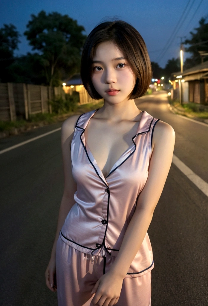 Thai girl, middle school girl, cute face, 15 years old, seductive face, short shoulder length hair, proportionate figure, showing breasts, showing off figure, pajamas, on the roadside, rural area, at night.