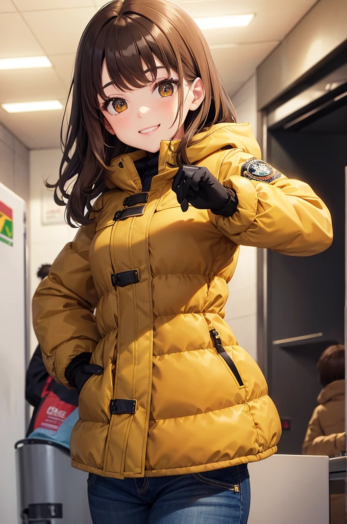 girl, brown hair, brown eyes, jeans, beige green puffer coat, smile, subway, black gloves