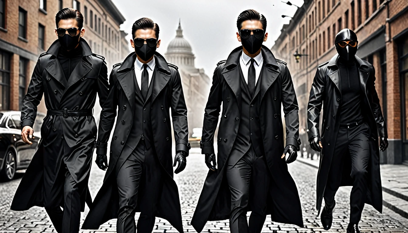 3 Sprint Guys, black trench coat, black hunter sunglasses, black hunter mask, the man chasing, amazing quality, (masterpiece), (high quality), 8K, high resolution, extremely detailed, photorealistic, black formal wear, lean body,