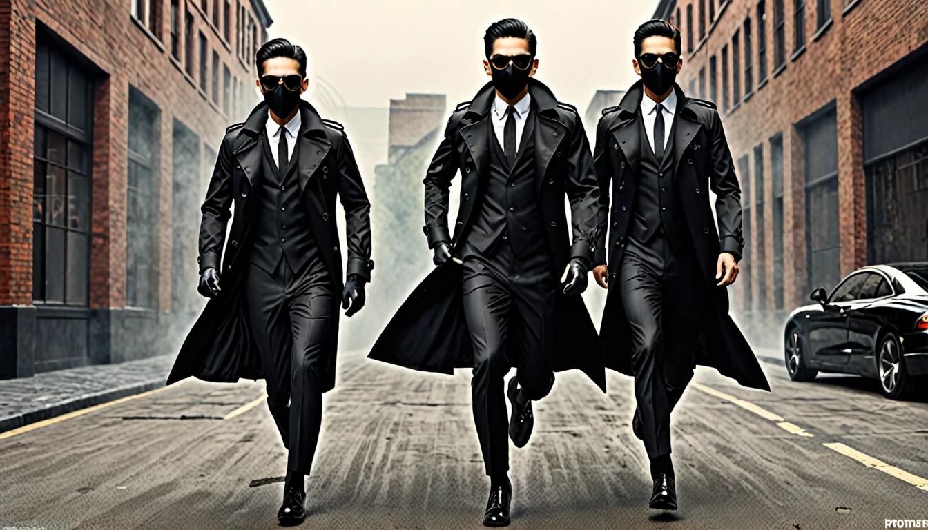 3 Sprint Guys, black trench coat, black hunter sunglasses, black hunter mask, the man chasing, amazing quality, (masterpiece), (high quality), 8K, high resolution, extremely detailed, photorealistic, black formal wear, lean body,