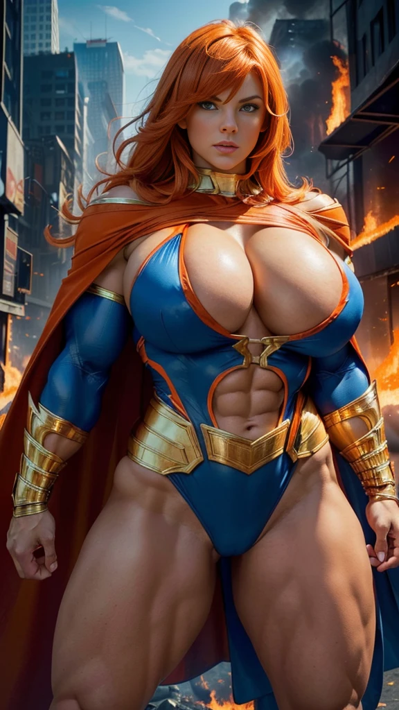 (Busty muscular brute cute Lorah, huge strong biceps volume, huge firm breasts volume, enormous tits volume, strong tonned exposed abs, muscular strong legs, bodybuilder muscles bursting in strength, exposed abs skin, city destruction fire background, tight superheroine blue costume, orange cape, orange hair, blue eyes